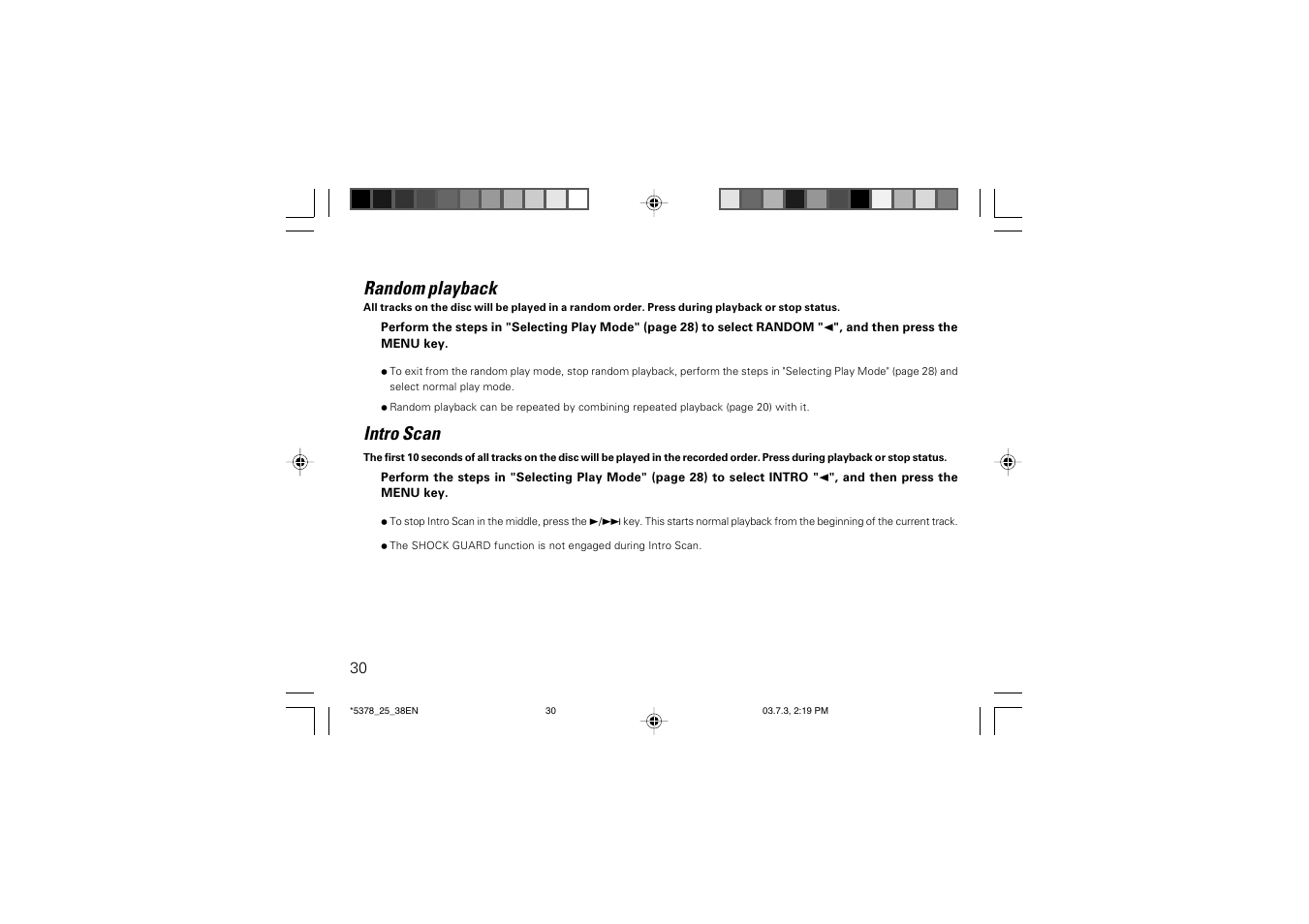 Random playback, Intro scan | Kenwood DPC-X937 User Manual | Page 30 / 44