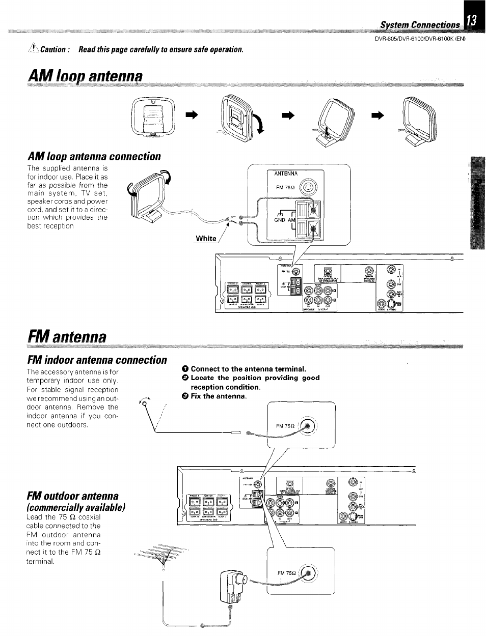 Am loop antenna connection, Fm indoor antenna connection, Fm outdoor antenna | Am loop antenna, Fm antenna, Commercially available) | Kenwood DVR-6100 User Manual | Page 13 / 76