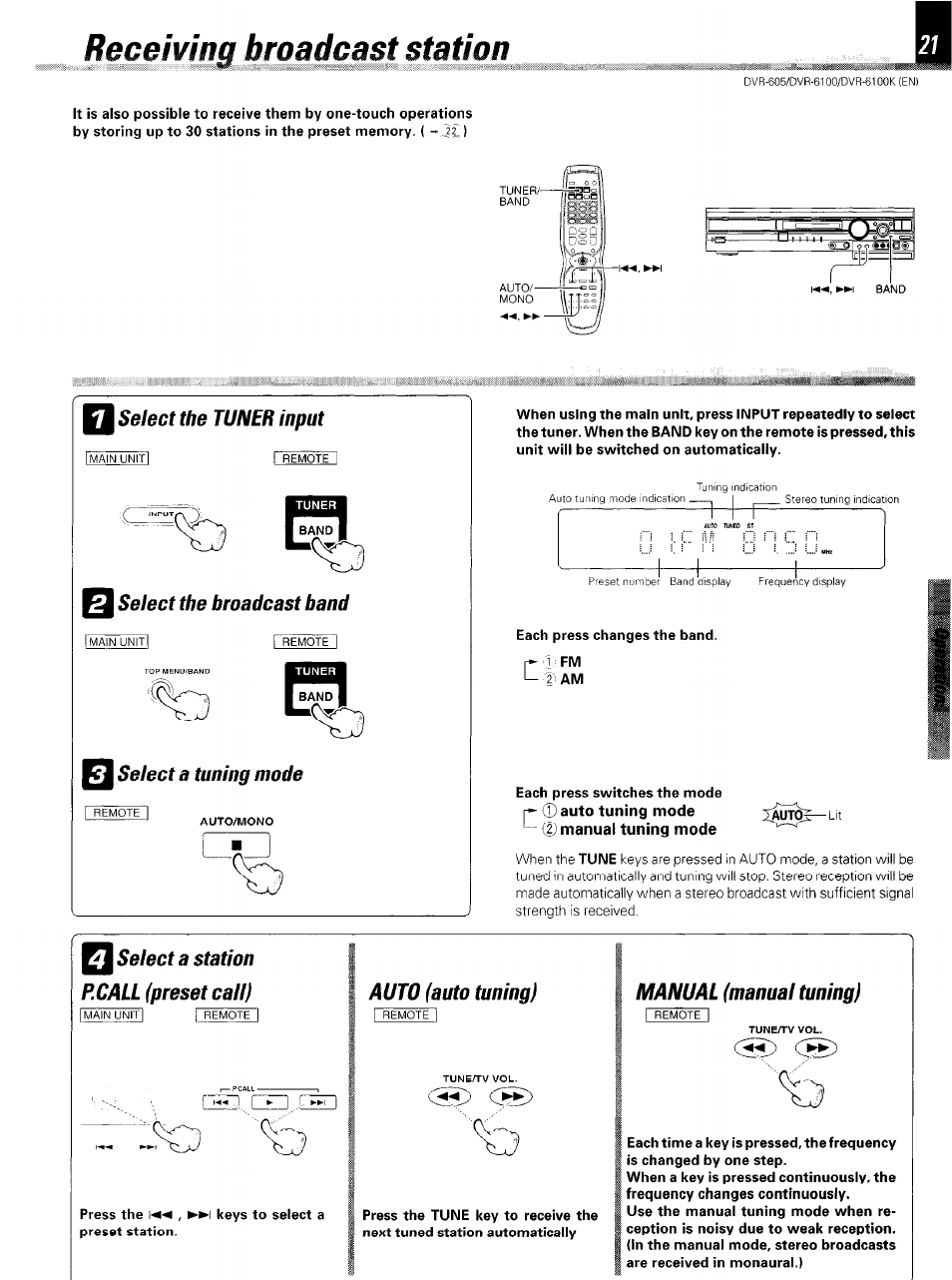 Receiving broadcast station, Q select the broadcast band, Select a tuning mode | Q select a station p.call (preset call), Auto (auto tuning), Manual (manual tuning), Select the tuner input, Select the broadcast band, Select a station p.call (preset call) | Kenwood DVR-6100 User Manual | Page 21 / 76