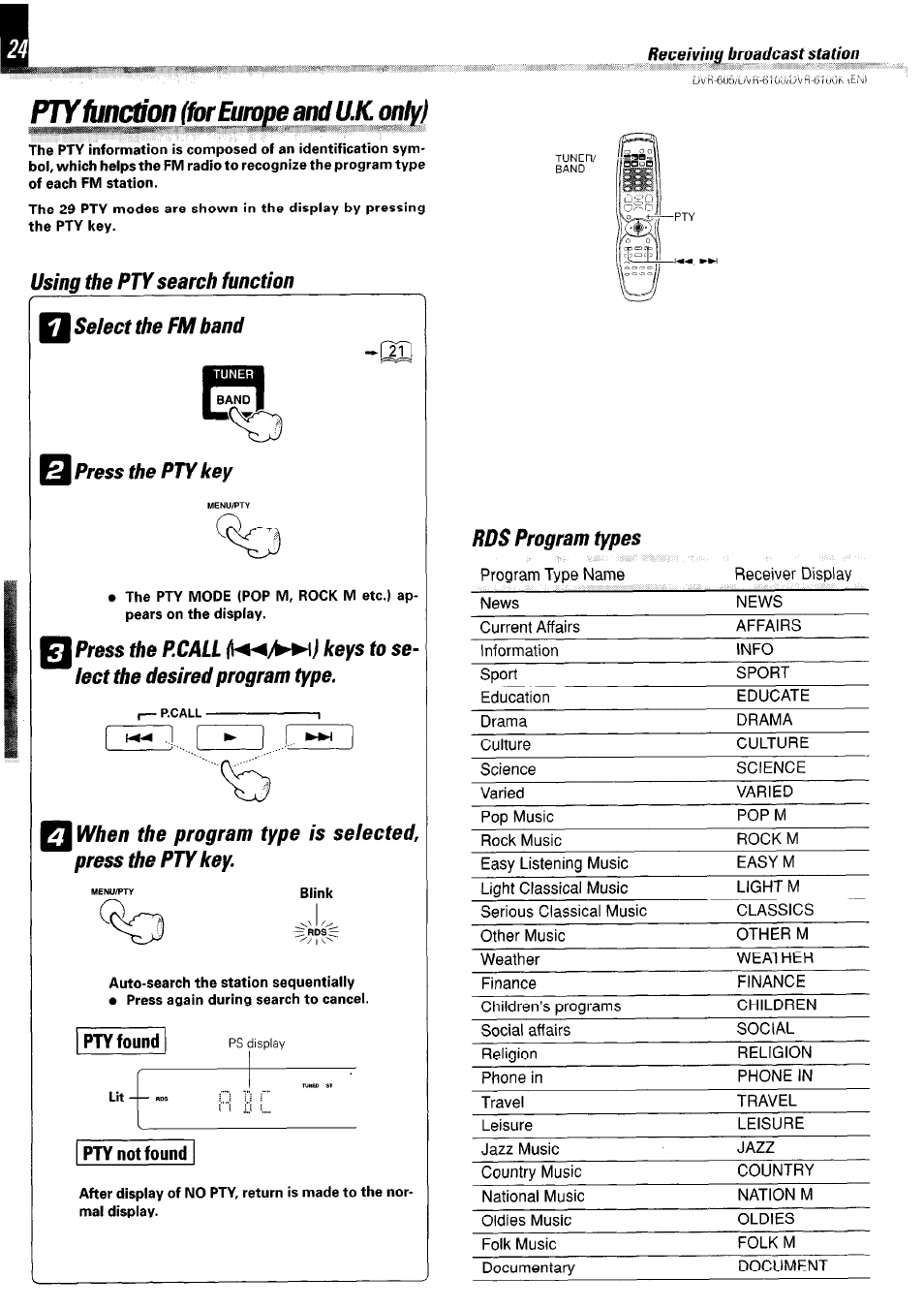 Using the pty search function, Select the fm hand, Press the pty key | I press the p.call keys to se, Lect the desired program type, Rds program types, Pty function, I press, Using the pty search function select the fm hand, For europe and uk oniyj | Kenwood DVR-6100 User Manual | Page 24 / 76