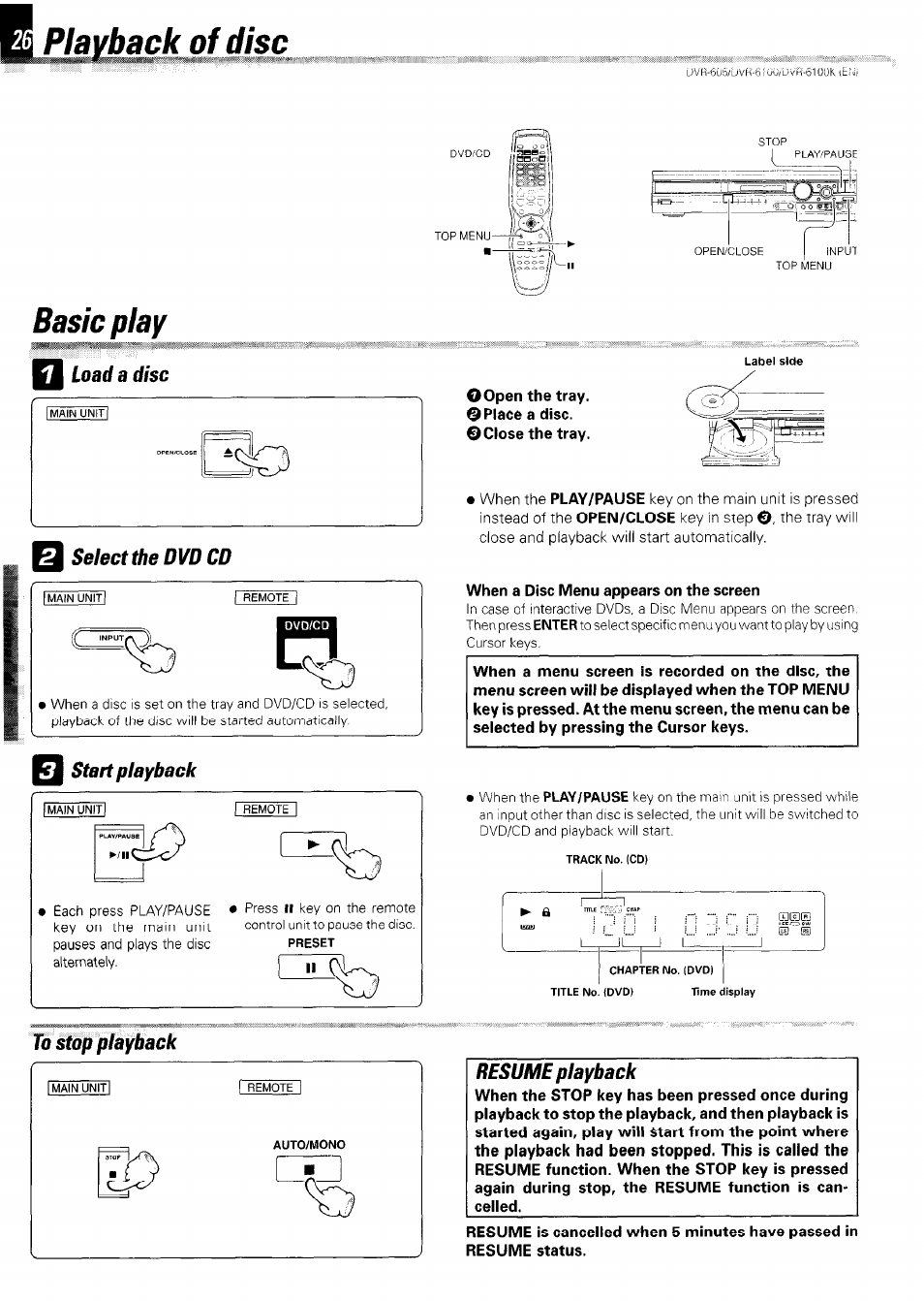 Playback of disc, Basic play, Start playback | To stop playback, Resume playback, Menu playback, Select the dvd cd, Start playback to stop playback | Kenwood DVR-6100 User Manual | Page 26 / 76
