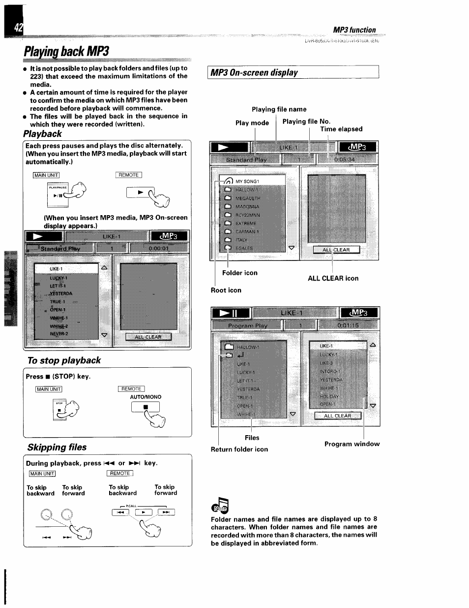 Playback, To stop playback, Mp3 on-screen display | On-screen display | Kenwood DVR-6100 User Manual | Page 42 / 76