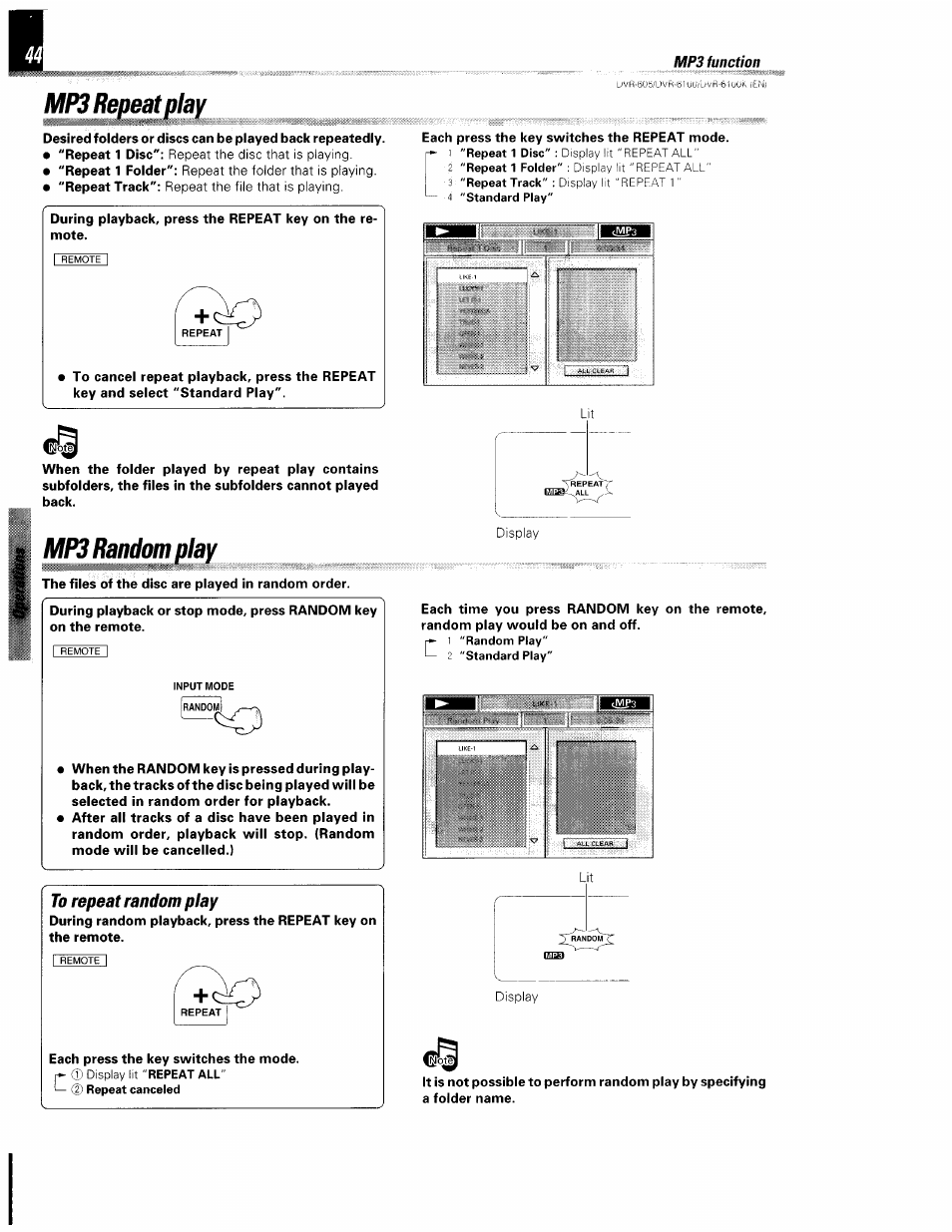 Mp3 repeat play, Mp3 random play, To repeat random play | Repeat play | Kenwood DVR-6100 User Manual | Page 44 / 76