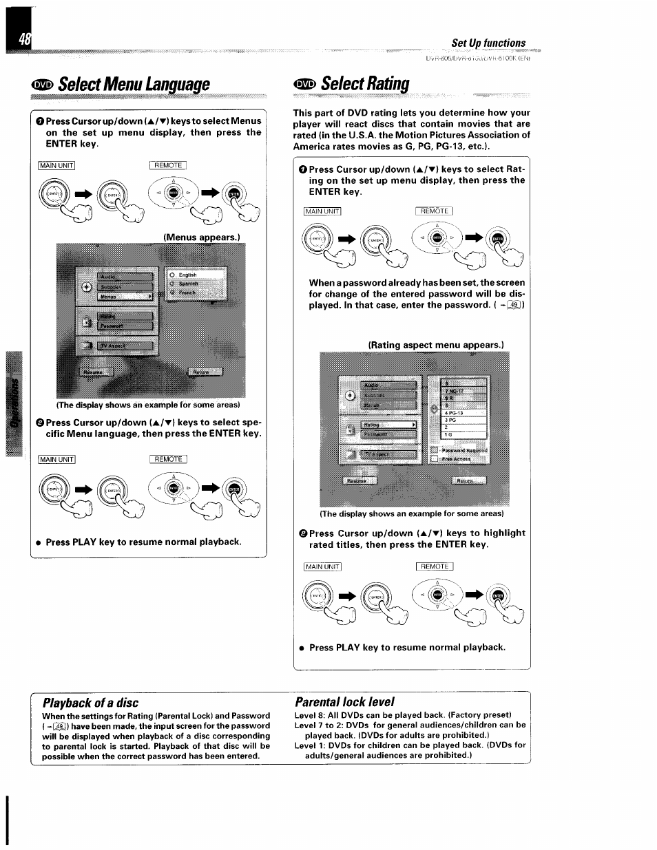 Oq!> select menu language, Playback of a disc, Parental lock level | Select menu language, Select menu language select rating, Set up functions, Pisswortf j | Kenwood DVR-6100 User Manual | Page 48 / 76