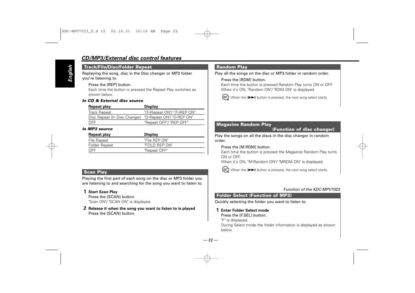 Kenwood KDC-MPV7023 User Manual | Page 22 / 44