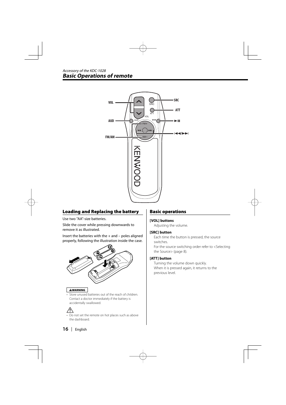 Basic operations of remote, Loading and replacing the battery, Basic operations | Kenwood KDC-128CR User Manual | Page 16 / 72