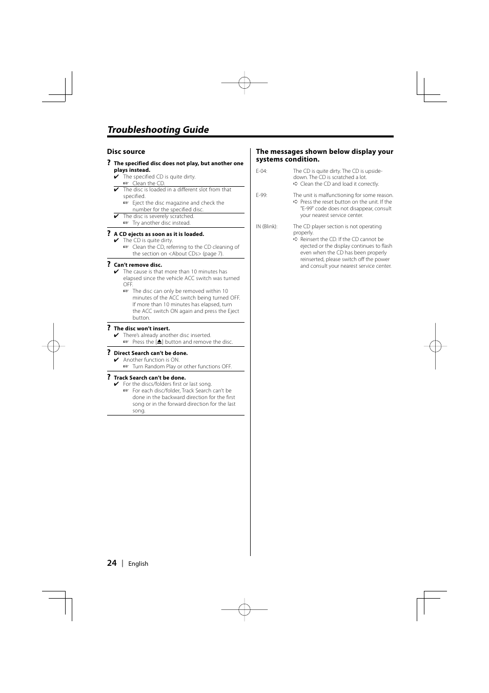 Troubleshooting guide | Kenwood KDC-128CR User Manual | Page 24 / 72