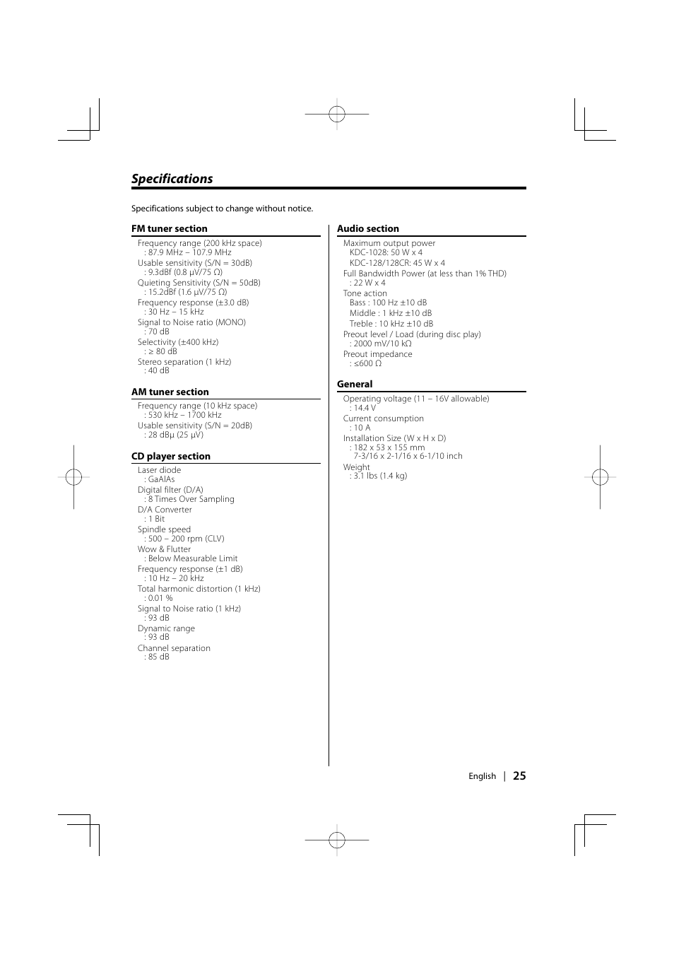 Specifications | Kenwood KDC-128CR User Manual | Page 25 / 72