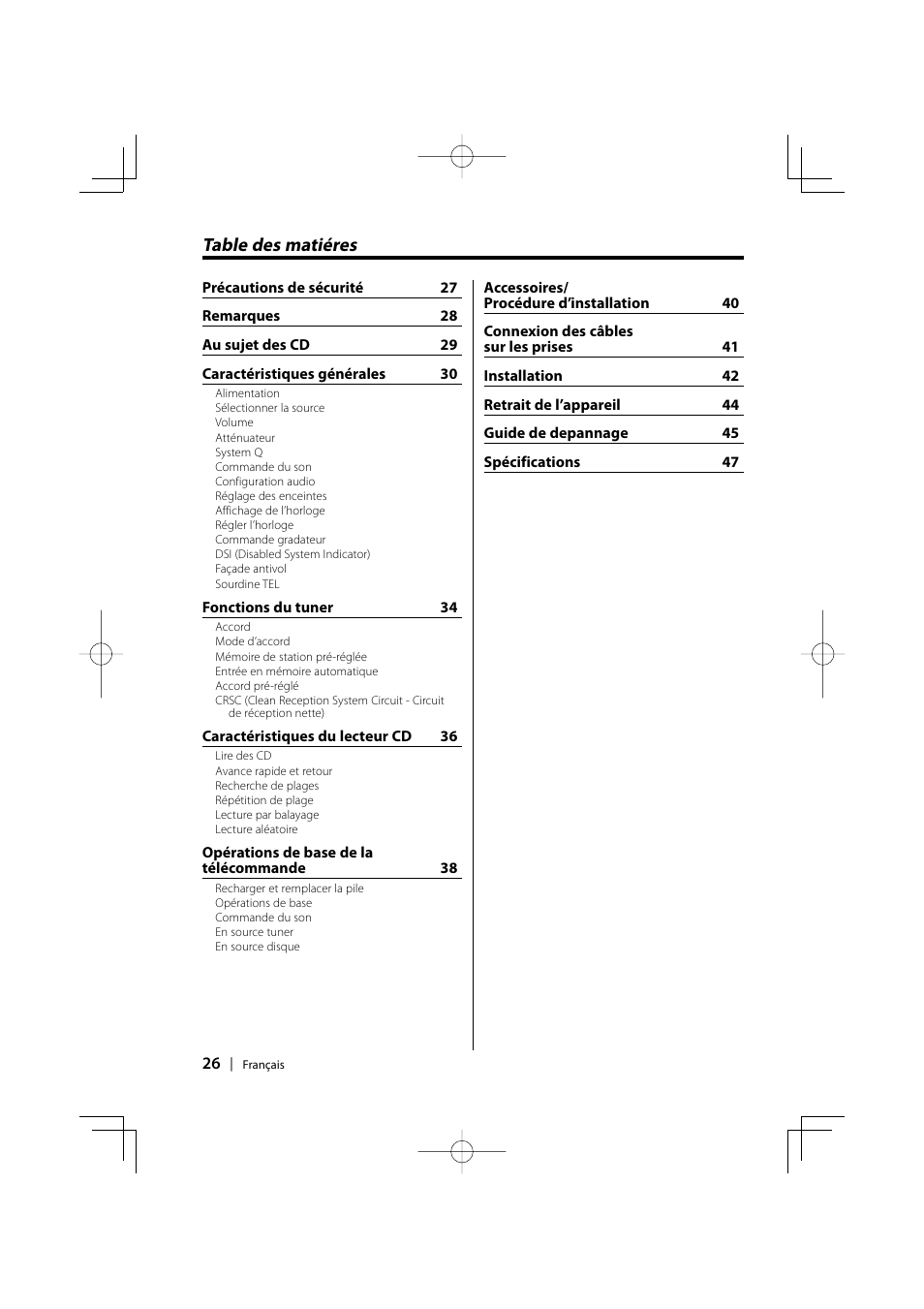 French, Table des matiéres | Kenwood KDC-128CR User Manual | Page 26 / 72