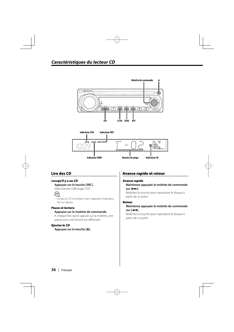 Caractéristiques du lecteur cd, Lire des cd, Avance rapide et retour | Kenwood KDC-128CR User Manual | Page 36 / 72