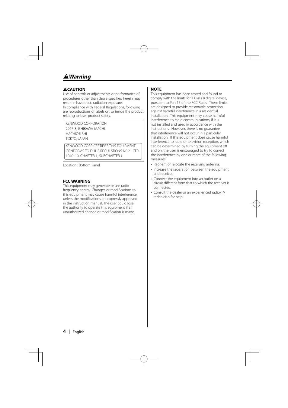 2 warning | Kenwood KDC-128CR User Manual | Page 4 / 72