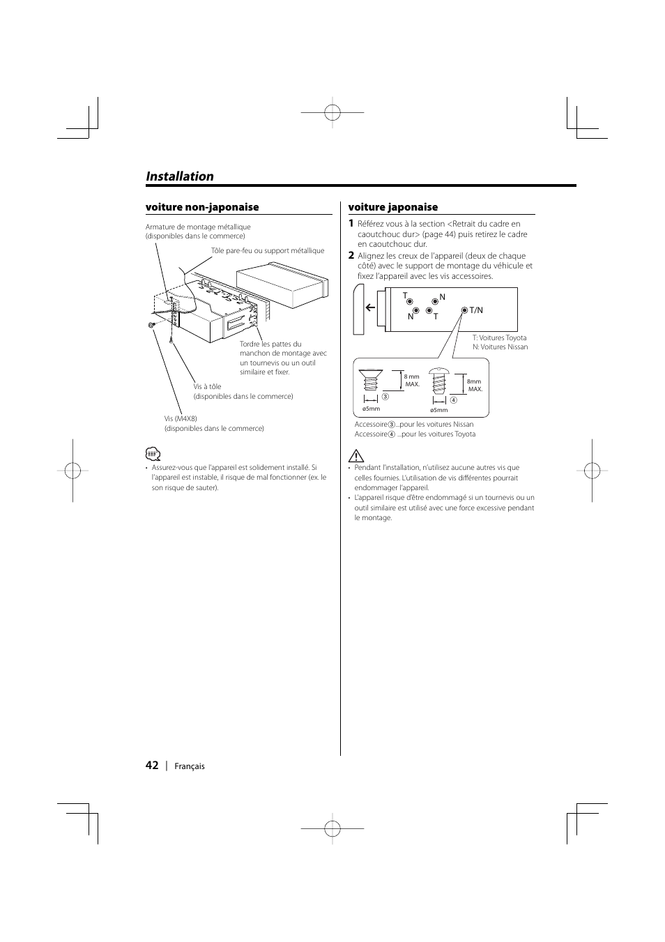 Installation, Voiture non-japonaise voiture japonaise 1 | Kenwood KDC-128CR User Manual | Page 42 / 72