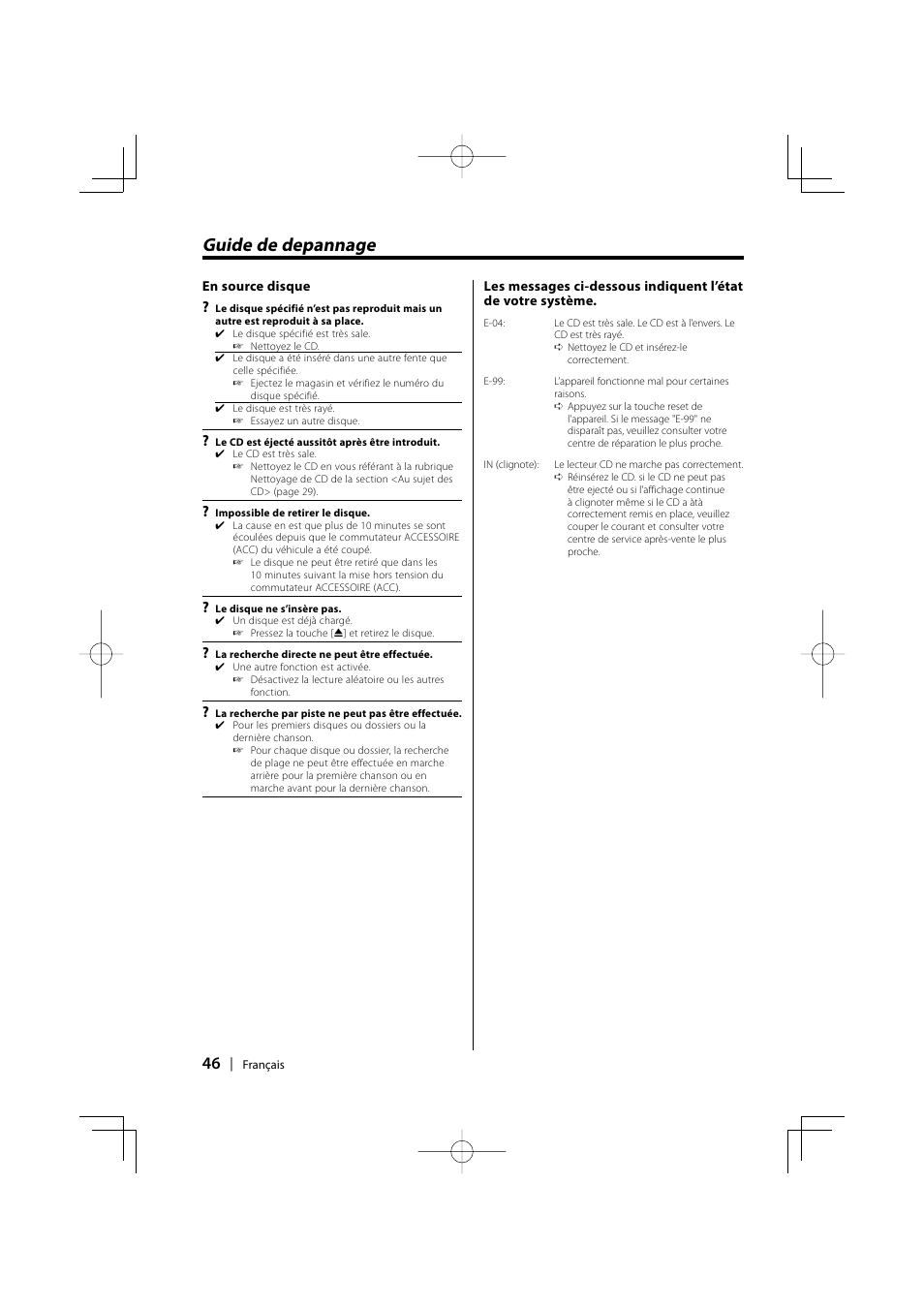 Guide de depannage | Kenwood KDC-128CR User Manual | Page 46 / 72