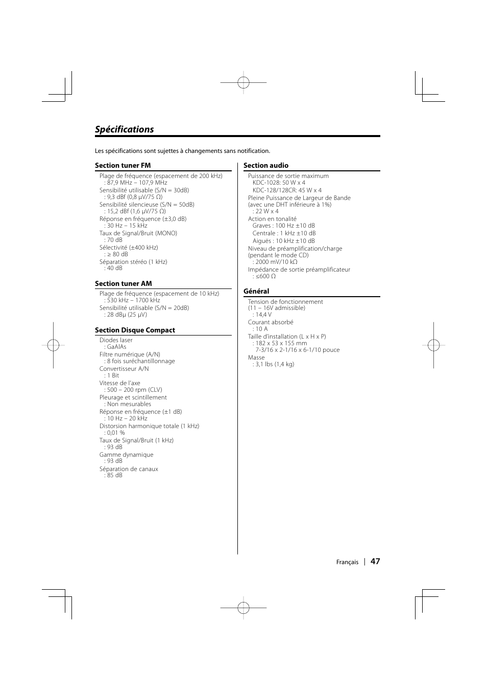 Spécifications | Kenwood KDC-128CR User Manual | Page 47 / 72