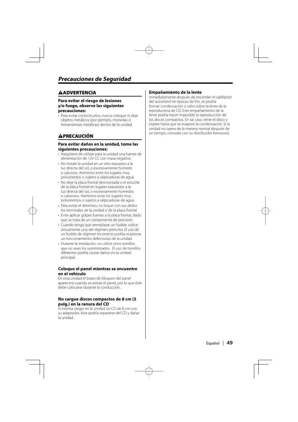 Precauciones de seguridad | Kenwood KDC-128CR User Manual | Page 49 / 72