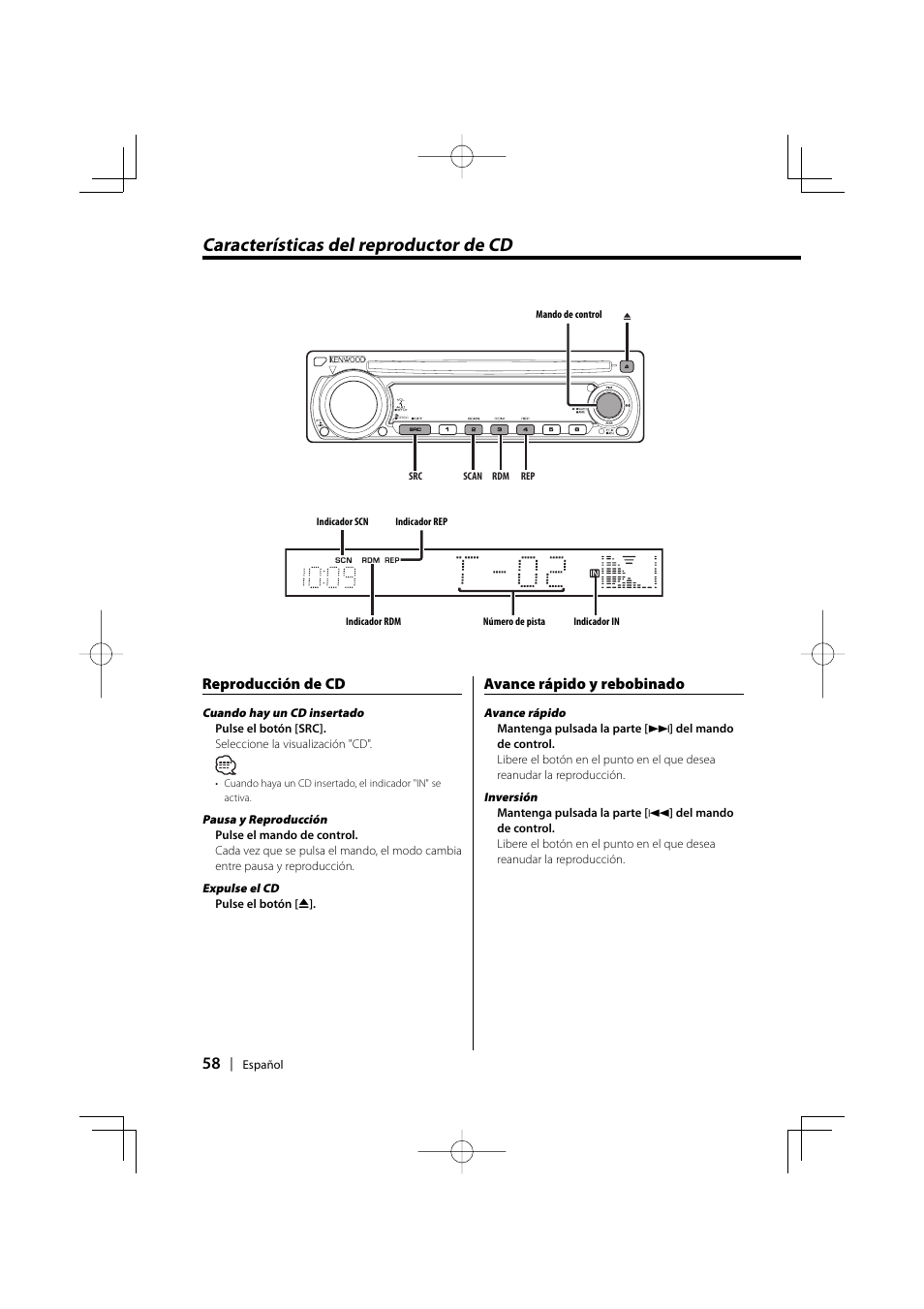 Características del reproductor de cd, Reproducción de cd, Avance rápido y rebobinado | Kenwood KDC-128CR User Manual | Page 58 / 72
