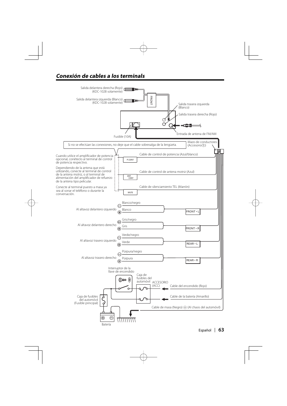 Conexión de cables a los terminals | Kenwood KDC-128CR User Manual | Page 63 / 72