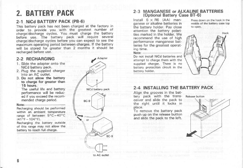 Battery pack, 1 nicd battery pack (pb-6), 2 recharging | 4 installing the battery pack | Kenwood TH-55AT Series User Manual | Page 5 / 23