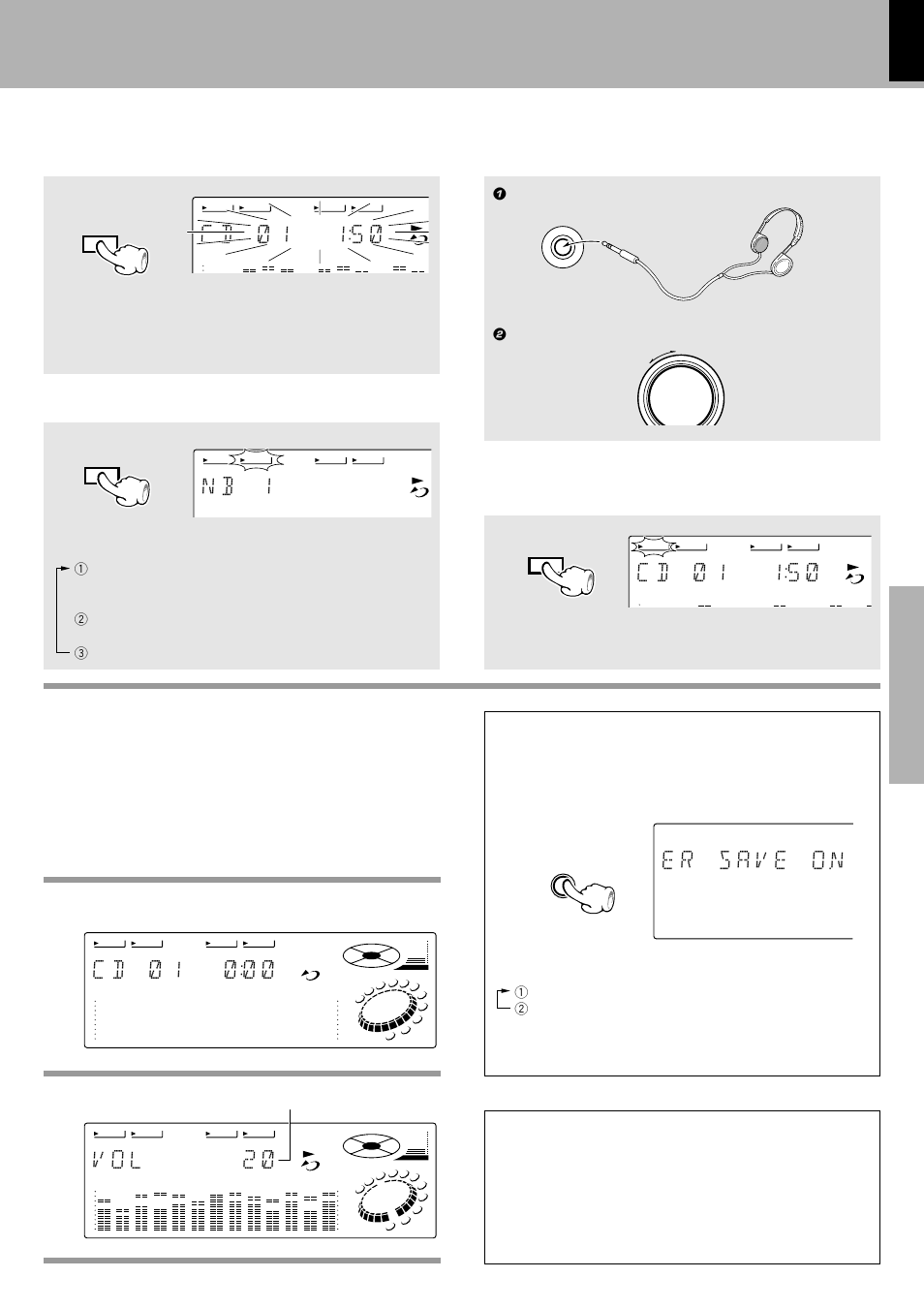 C d ) 1 1 5 ), N b 1, C d ) 1 ) ) ) | Muting the sound temporarily, Listening through headphones, Bass compensation, Auto power save function, Bass and treble compensation, Standby mode of on/standby key, Let's put out some sound | Kenwood XD-980MD User Manual | Page 17 / 80