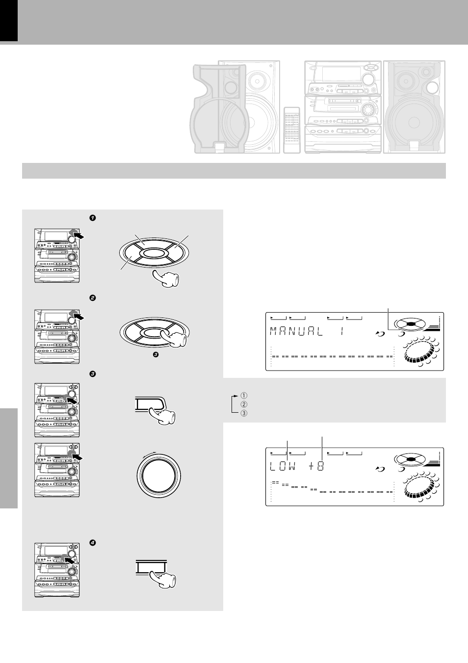 L o w + 8, 1 select the number to be recorded, Mode adjust the level. enter | Manual 3 manual 2 manual 1 | Kenwood XD-980MD User Manual | Page 64 / 80