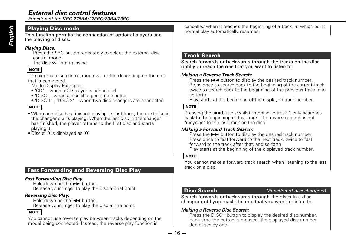 Playing disc mode, Fast forwarding and reversing disc play, Track search | Disc search, External disc control features, English | Kenwood KRC-178RG User Manual | Page 16 / 32