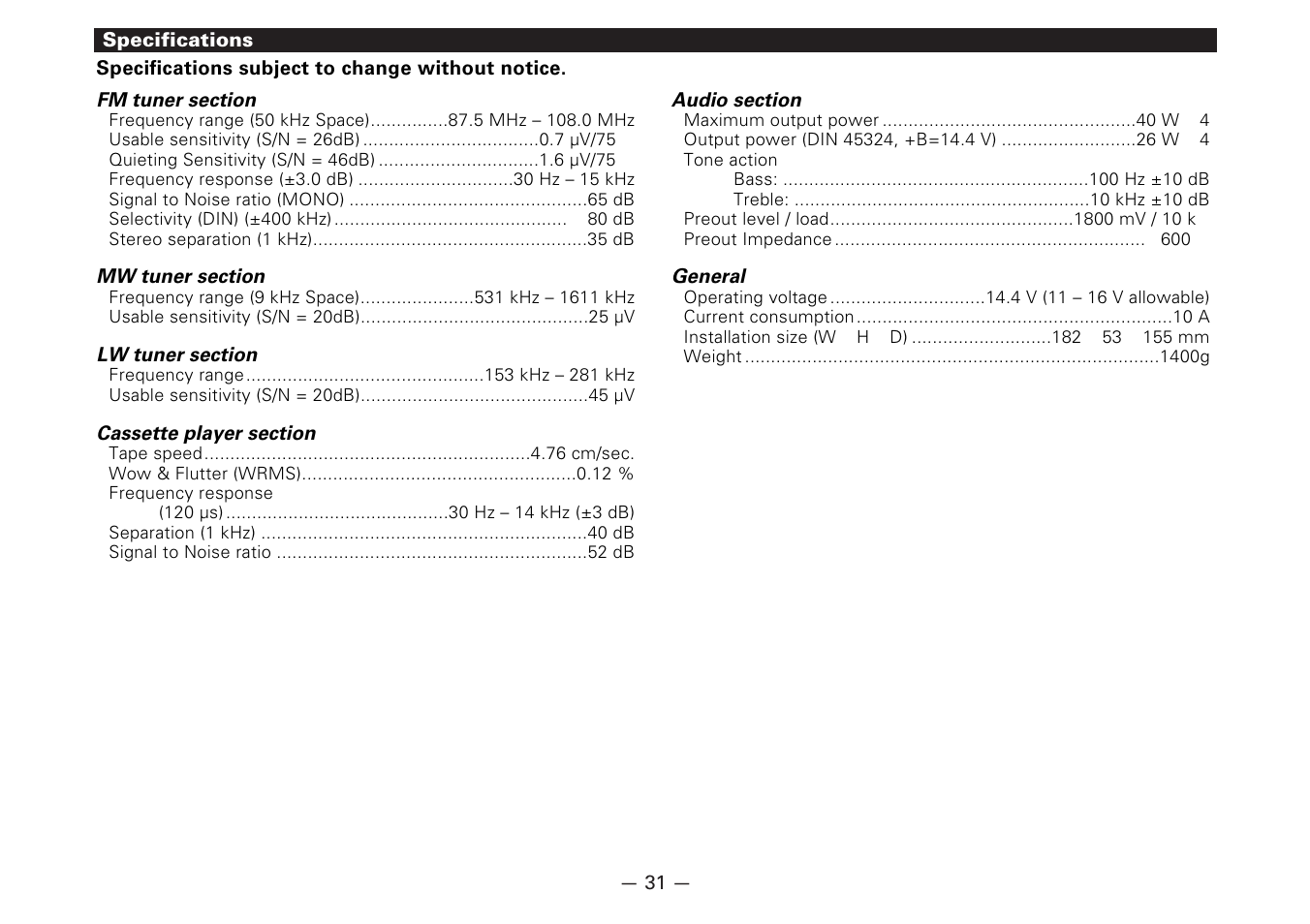 Specifications | Kenwood KRC-178RG User Manual | Page 31 / 32