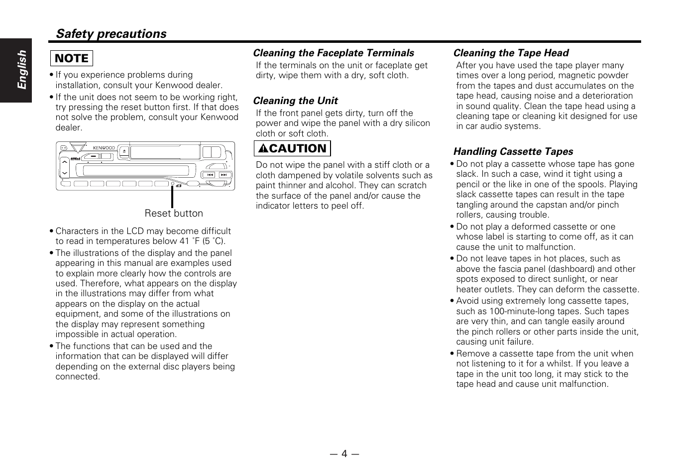 Safety precautions, English, 2 caution | High power, Reset button cleaning the faceplate terminals, Cleaning the unit, Cleaning the tape head, Handling cassette tapes | Kenwood KRC-178RG User Manual | Page 4 / 32