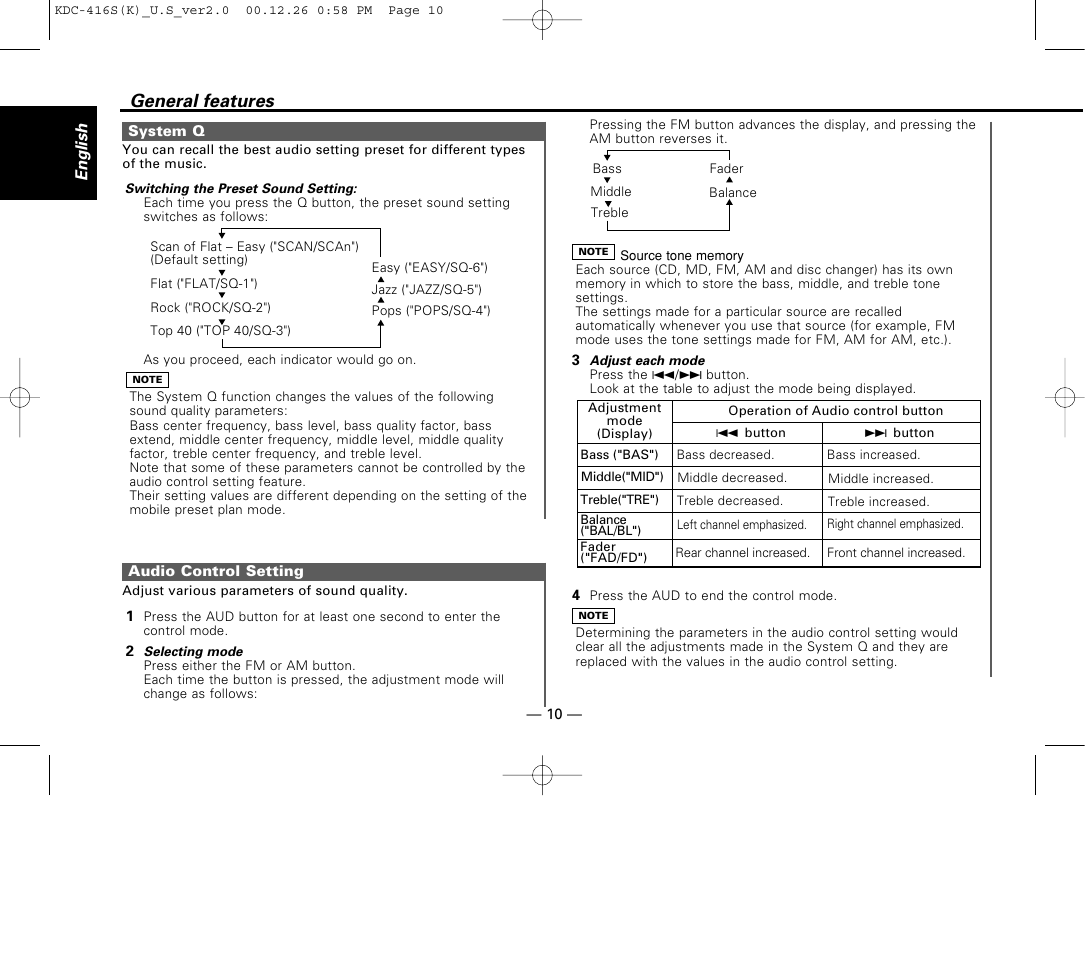 System q, Audio control setting, General features | Kenwood KDC-416S User Manual | Page 10 / 33