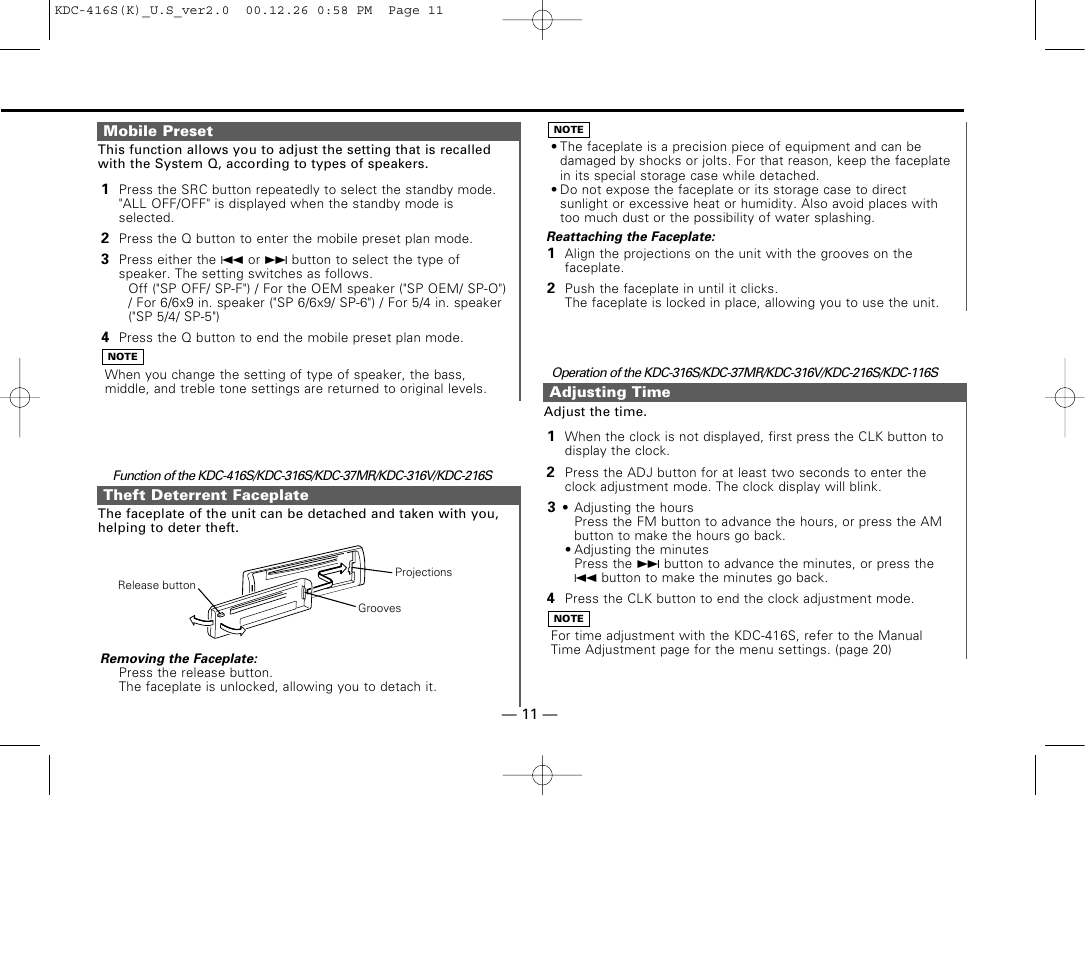 Mobile preset, Theft deterrent faceplate, Adjusting time | Kenwood KDC-416S User Manual | Page 11 / 33