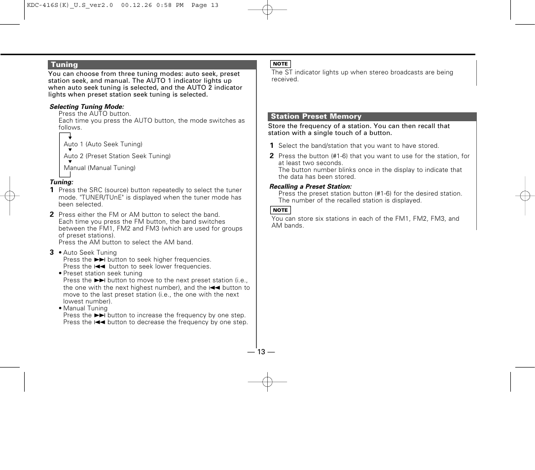 Tuning, Station preset memory | Kenwood KDC-416S User Manual | Page 13 / 33