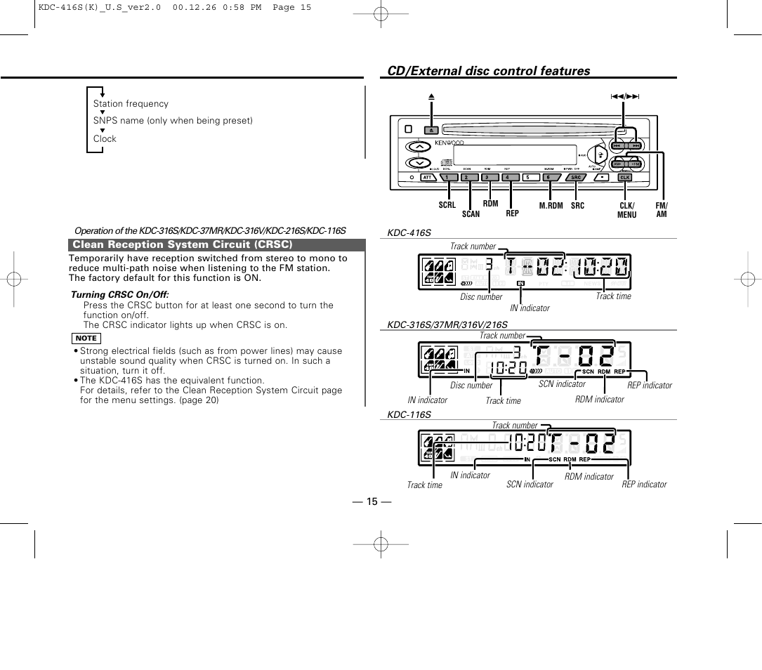 Clean reception system circuit (crsc), Cd/external disc control features | Kenwood KDC-416S User Manual | Page 15 / 33