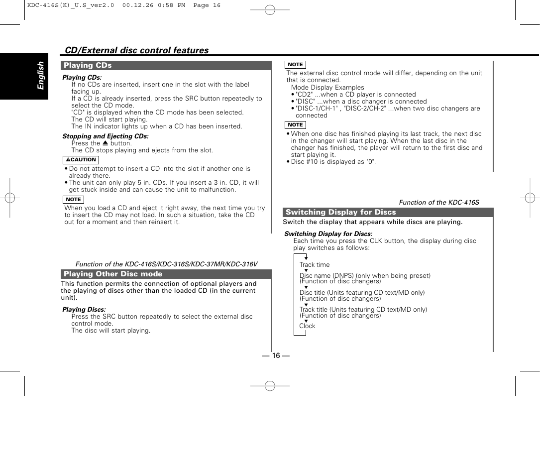 Playing cds, Playing other disc mode, Switching display for discs | Cd/external disc control features | Kenwood KDC-416S User Manual | Page 16 / 33