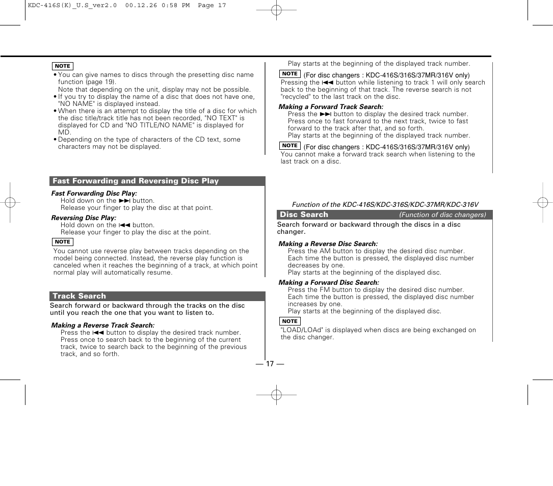 Fast forwarding and reversing disc play, Track search, Disc search | Kenwood KDC-416S User Manual | Page 17 / 33