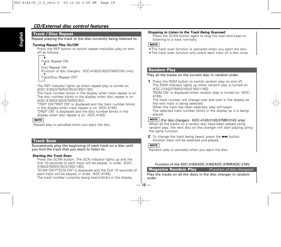 Track / disc repeat, Track scan, Random play | Magazine random play, Cd/external disc control features | Kenwood KDC-416S User Manual | Page 18 / 33