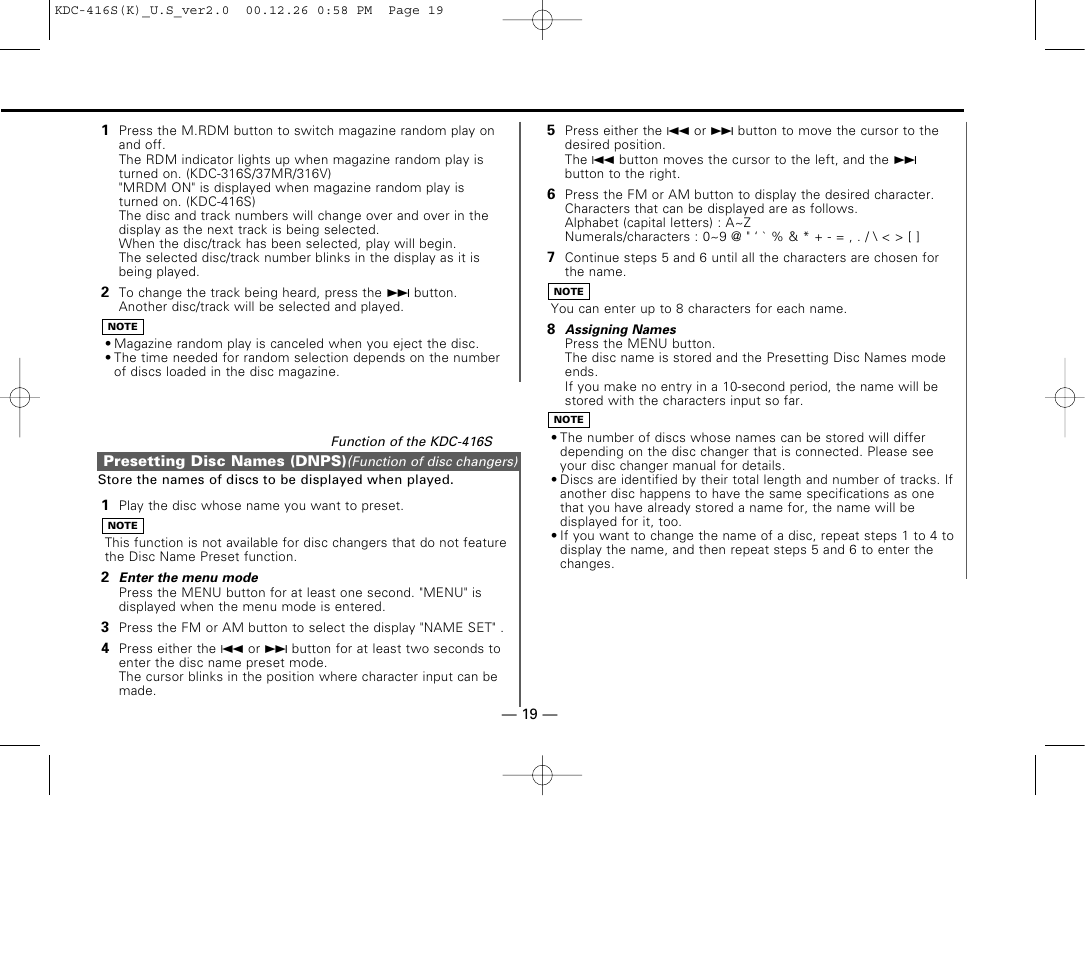 Presetting disc names (dnps) | Kenwood KDC-416S User Manual | Page 19 / 33