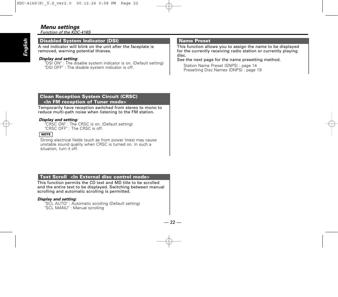 Disabled system indicator (dsi), Clean reception system circuit (crsc), Text scroll | Name preset, Menu settings | Kenwood KDC-416S User Manual | Page 22 / 33