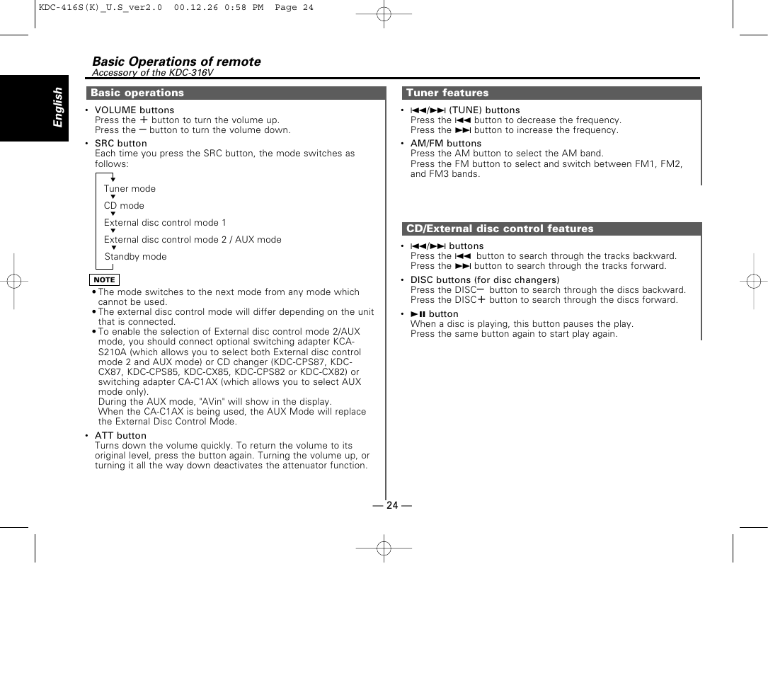 Basic operations, Tuner features, Cd/external disc control features | Basic operations of remote | Kenwood KDC-416S User Manual | Page 24 / 33