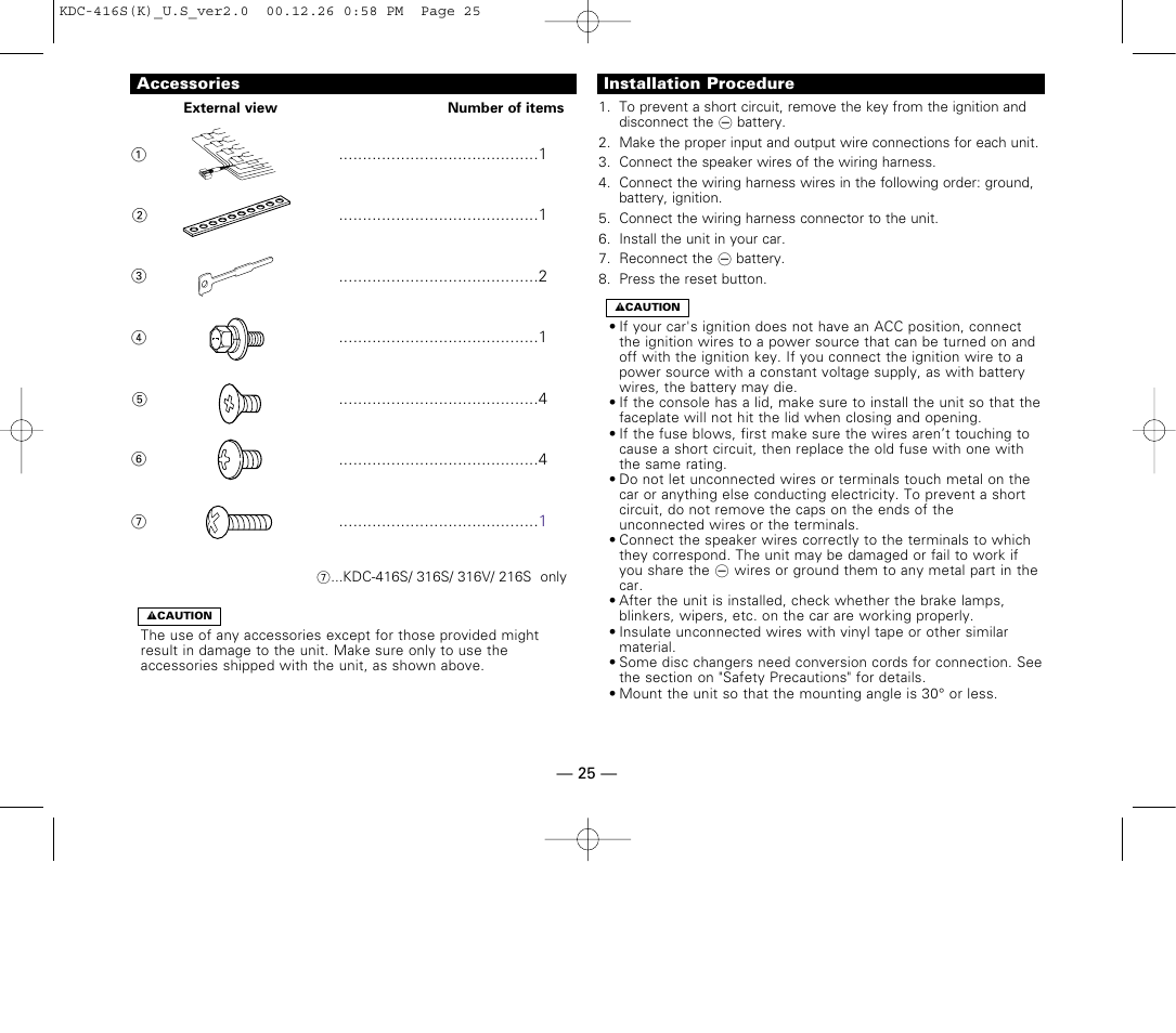 Installation, Accessories, Installation procedure | Kenwood KDC-416S User Manual | Page 25 / 33