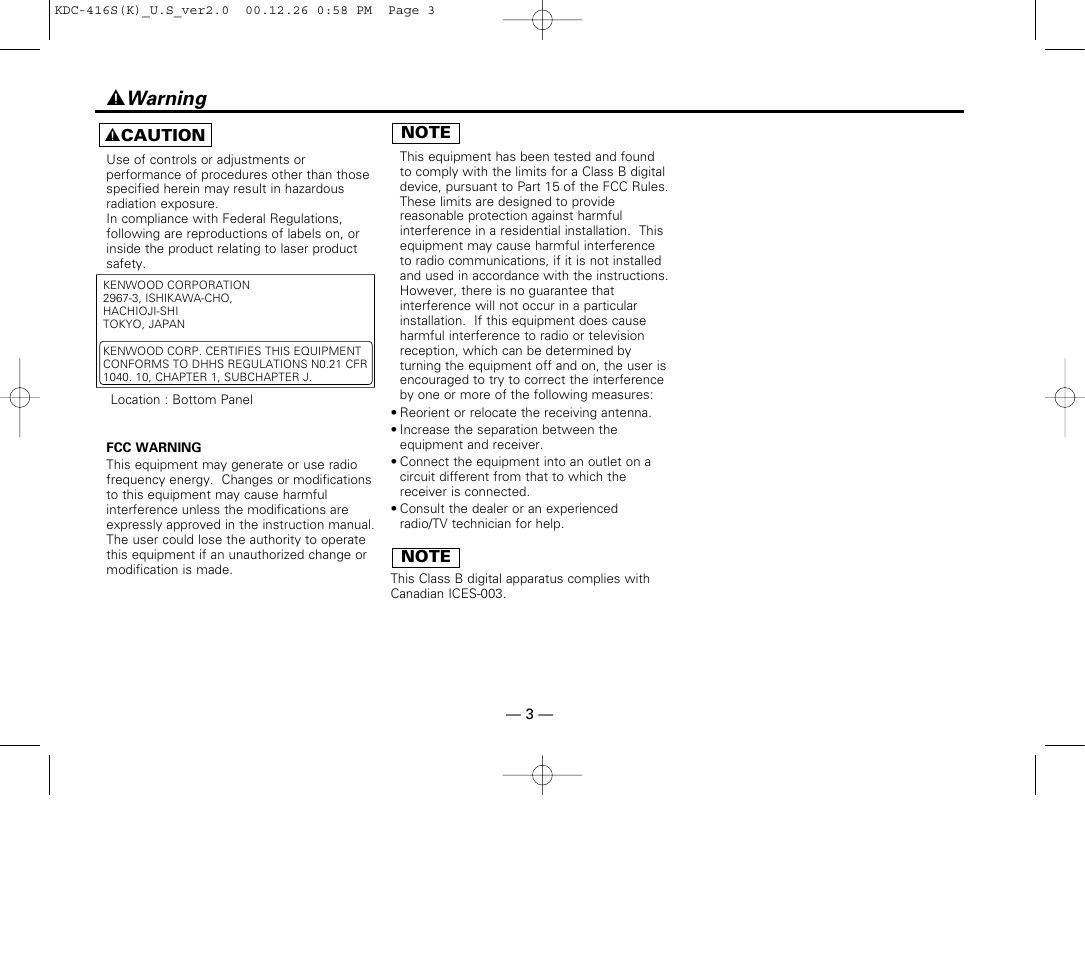 2 warning | Kenwood KDC-416S User Manual | Page 3 / 33
