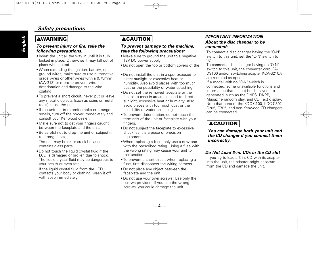 Safety precautions | Kenwood KDC-416S User Manual | Page 4 / 33