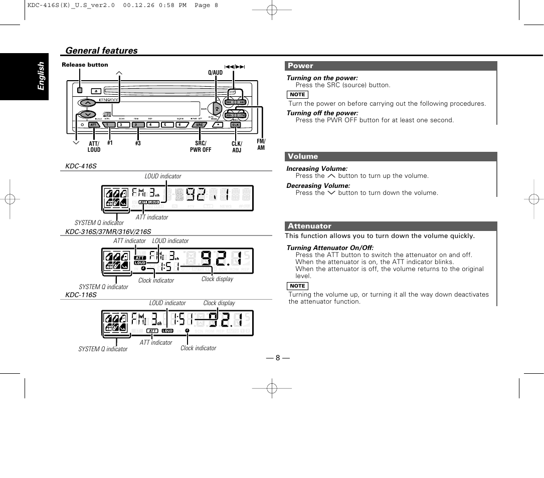 General features, Power, Volume | Attenuator | Kenwood KDC-416S User Manual | Page 8 / 33