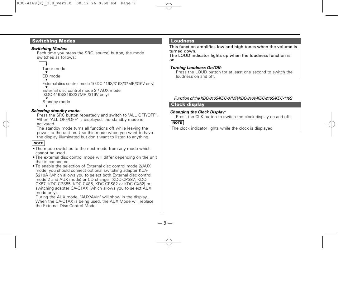 Switching modes, Loudness, Clock display | Kenwood KDC-416S User Manual | Page 9 / 33