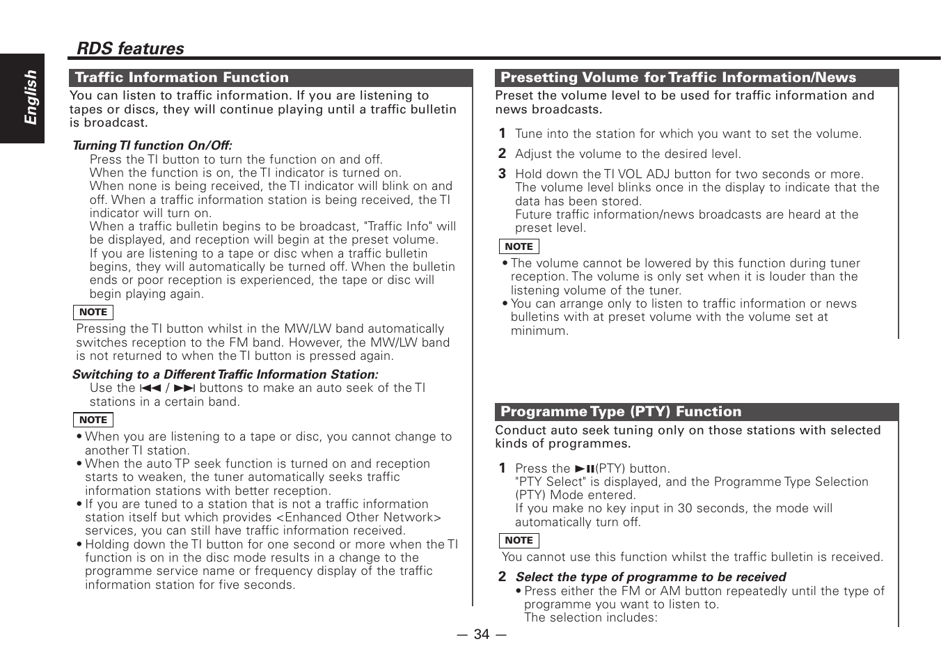 Rds features, English | Kenwood Z920DVD User Manual | Page 34 / 76