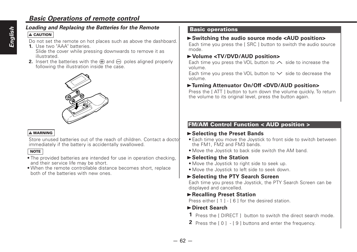 Basic operations of remote control | Kenwood Z920DVD User Manual | Page 62 / 76