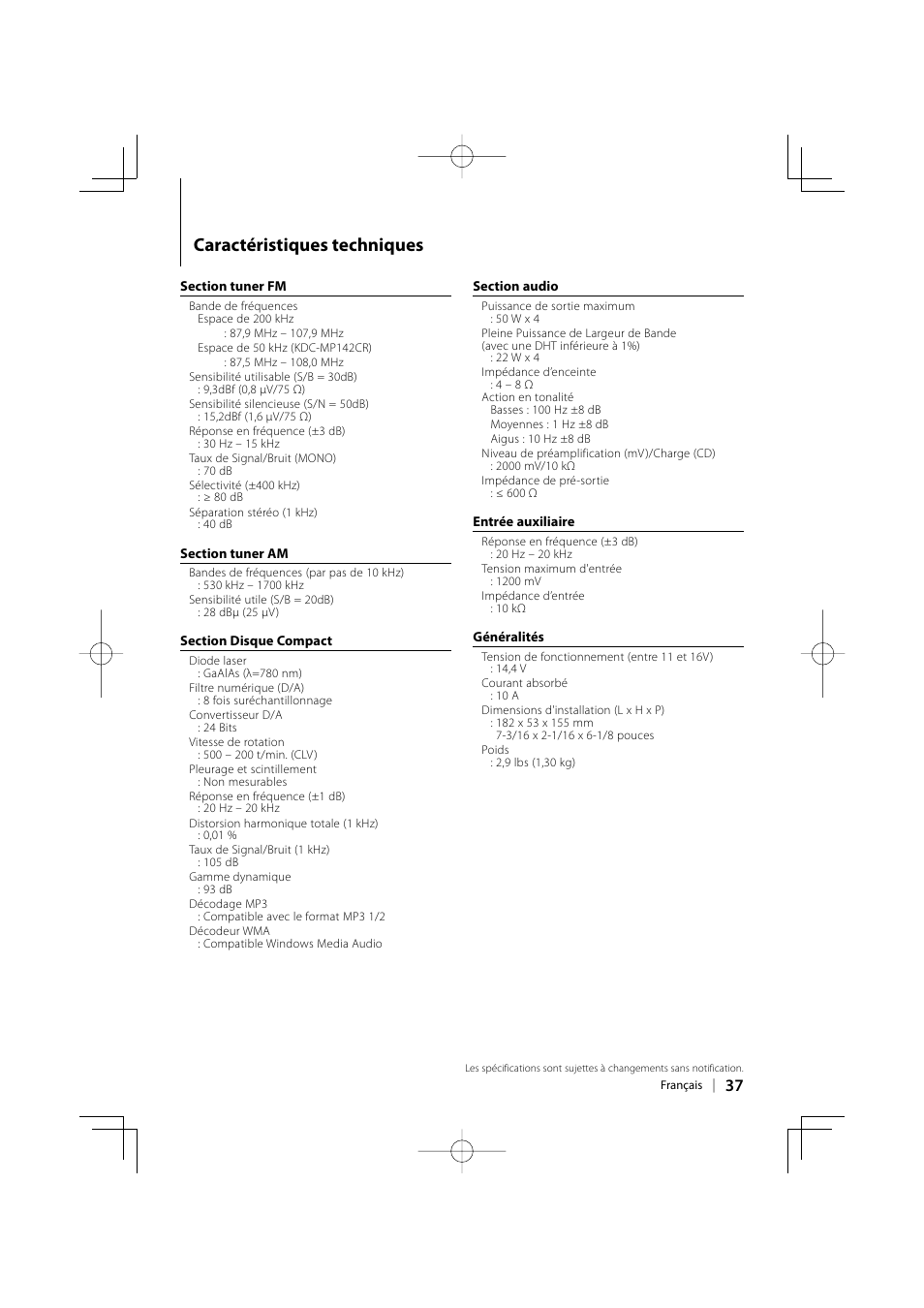 Caractéristiques techniques | Kenwood KDC-MP142 User Manual | Page 37 / 56
