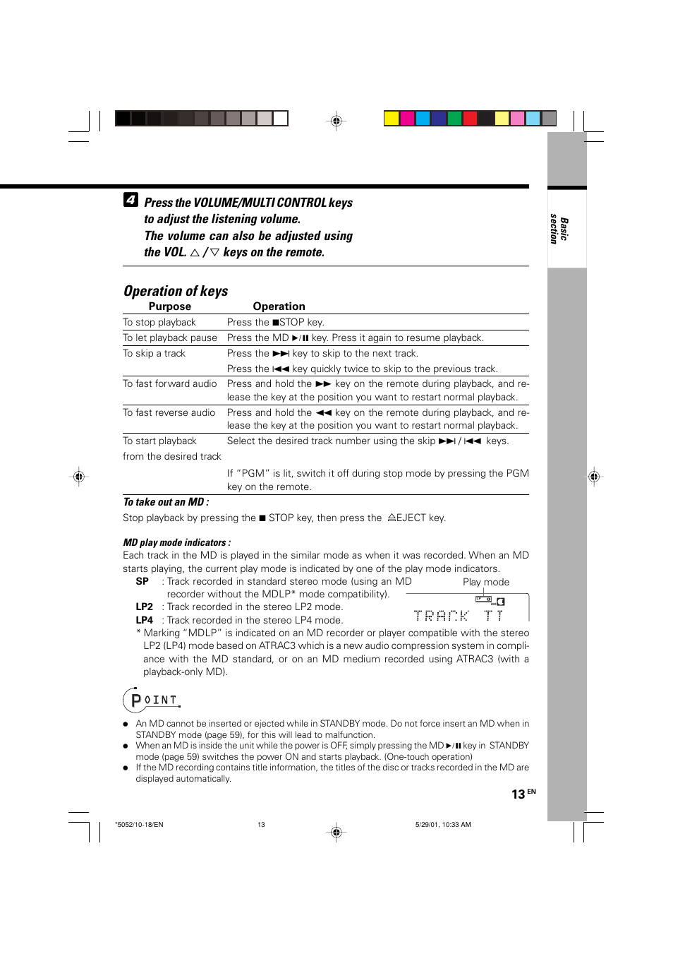 Operation of keys | Kenwood MDX-G2 User Manual | Page 13 / 60