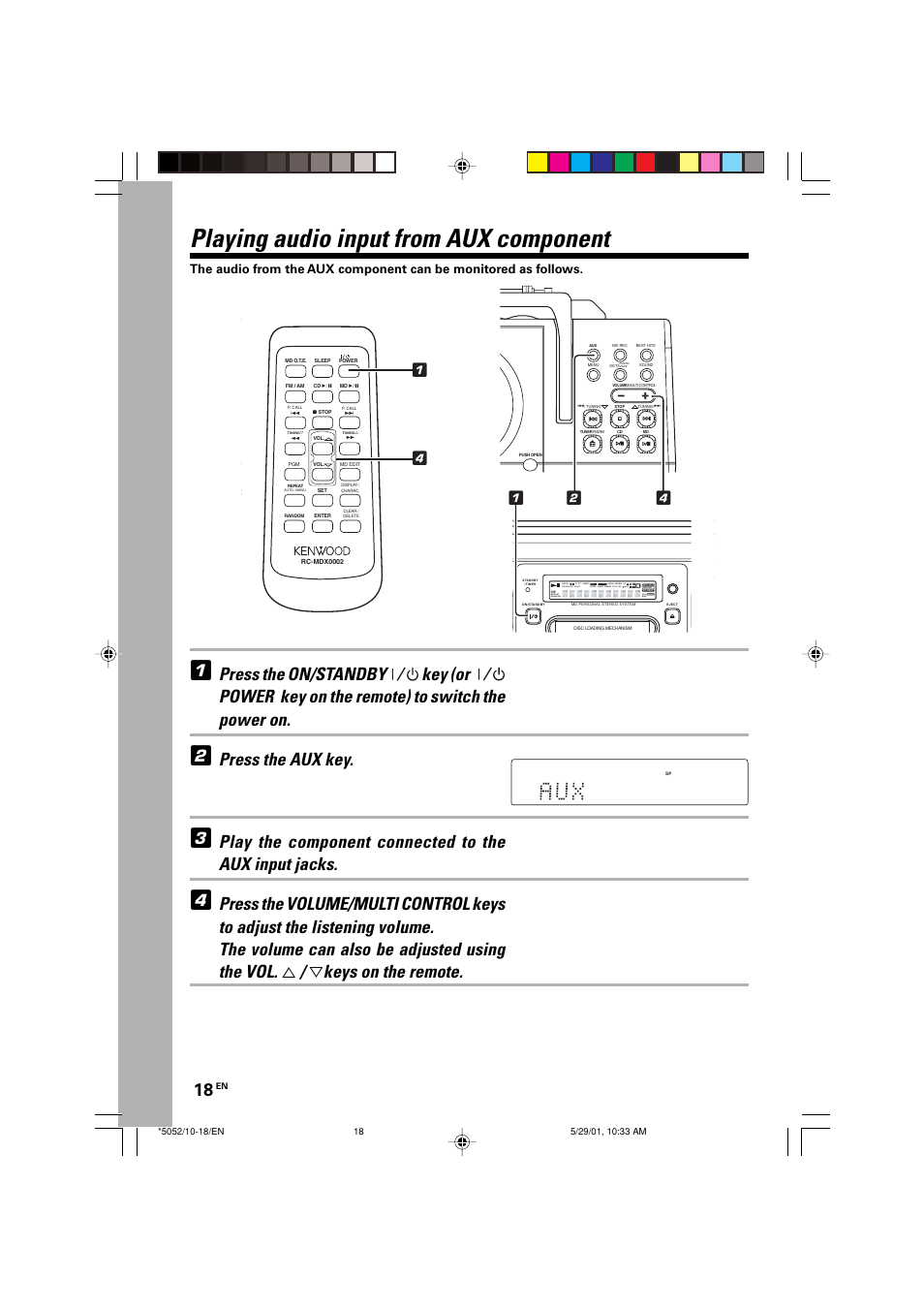 Playing audio input from aux component, Press the aux key, Loud khz mhz md md cd cd | Kenwood MDX-G2 User Manual | Page 18 / 60