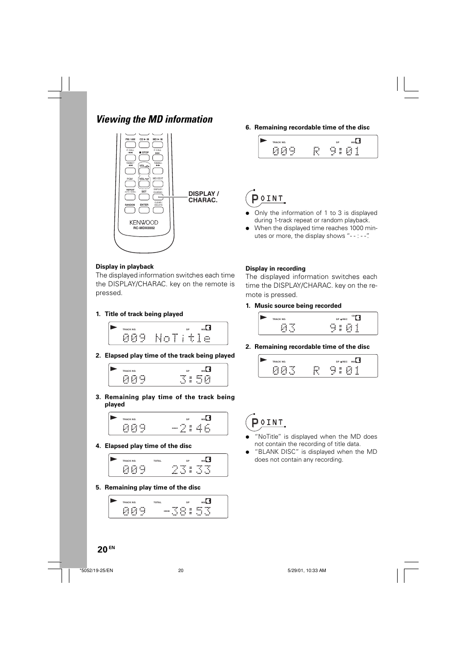 Viewing the md information, Display in recording, Display / charac | Kenwood MDX-G2 User Manual | Page 20 / 60
