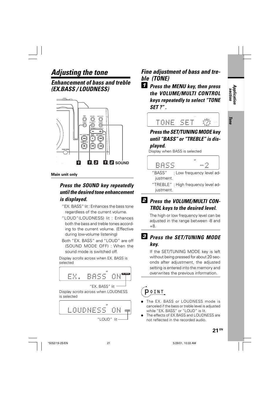 Adjusting the tone, Enhancement of bass and treble, Fine adjustment of bass and treble | Fine adjustment of bass and tre- ble (tone), Press the set/tuning mode key, Tone, Sound | Kenwood MDX-G2 User Manual | Page 21 / 60