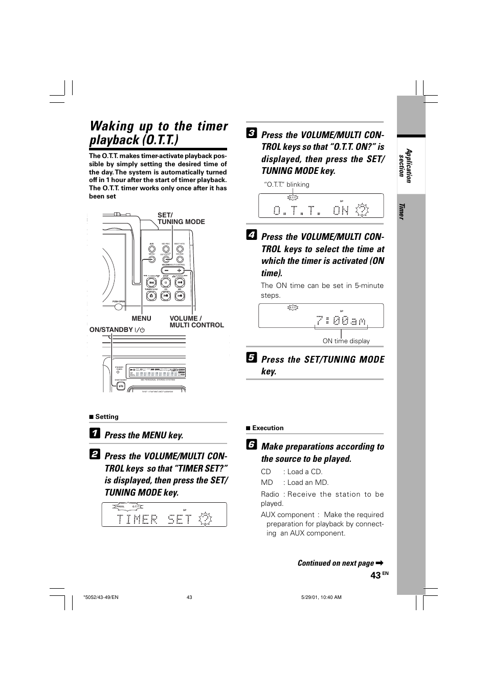 Waking up to the timer playback(o.o.t.), Waking up to the timer playback (o.t.t.), Press the menu key | Press the set/tuning mode key, Continued on next page, Timer, The on time can be set in 5-minute steps, Loud khz mhz md md cd cd, 7 setting, 7 execution | Kenwood MDX-G2 User Manual | Page 43 / 60